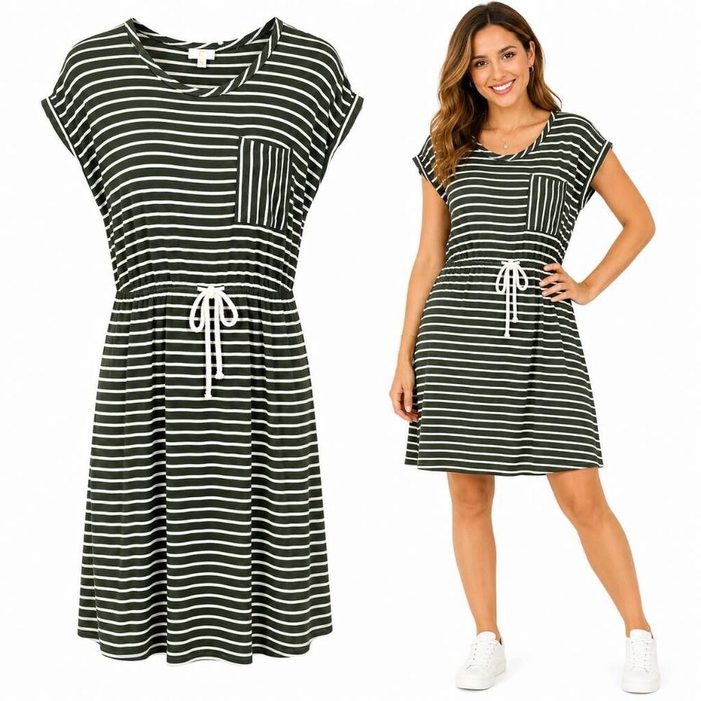 C Boutique Olive Stripe Tie Waist Dress Medium